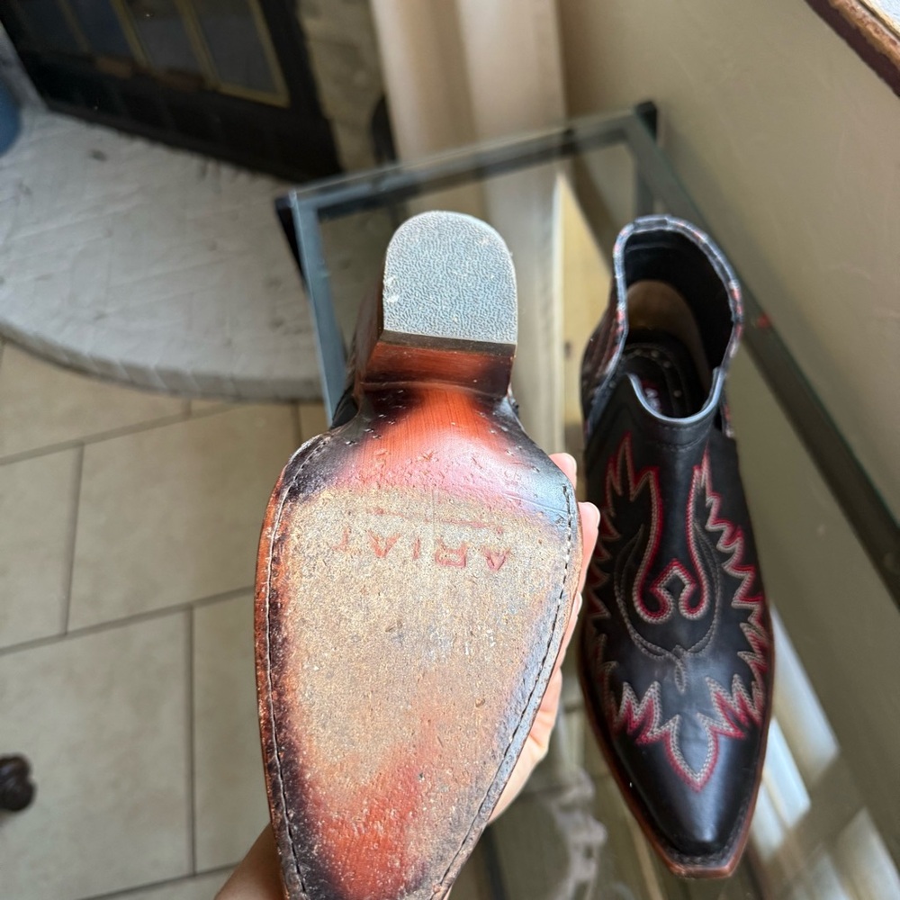 Ariat Black Ankle Booties with Red and Brown Western Stitching - Picture 11 of 11